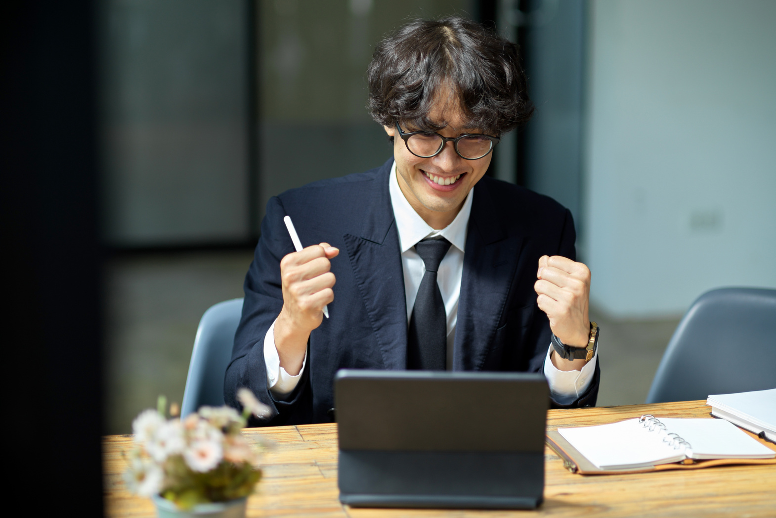 Excited businessman receiving a new job offer email, getting work promotion